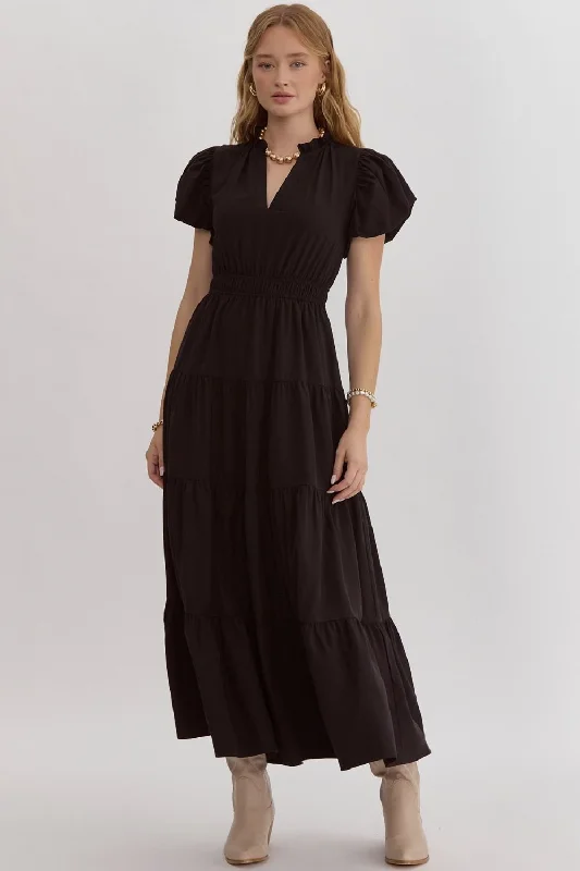 Big Savings On Modern And Classic Fashion Looks Bubble Sleeve V-Neck Tiered Dress, Black Big Savings On Modern And Classic Fashion Looks Bubble Sleeve V-Neck Tiered Dress, Black