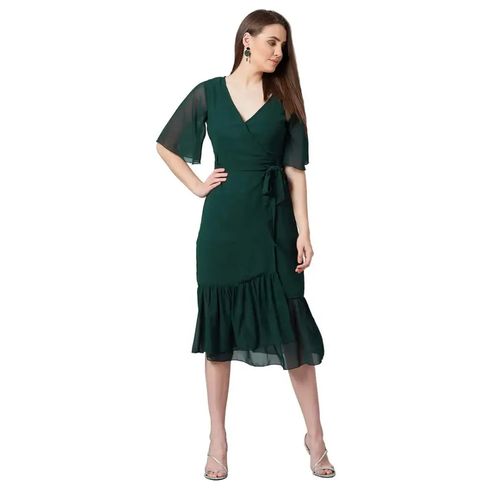 From Casual To Classy PANIT Women's Wrap Georgette Midi Dress (Green)