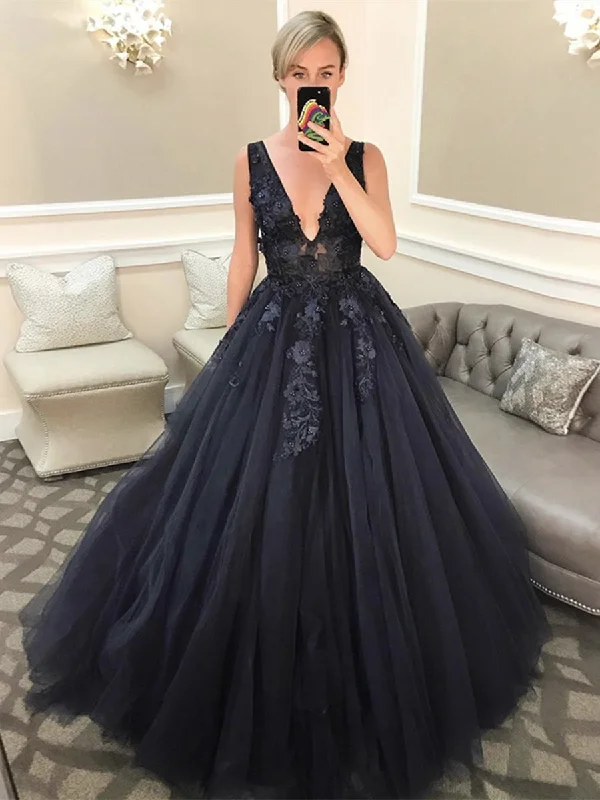 Essentials On Sale V Neck Open Back Beaded Appliques Black Lace Long Prom Dresses, V Neck Black Formal Evening Dresses, Black Ball Gown