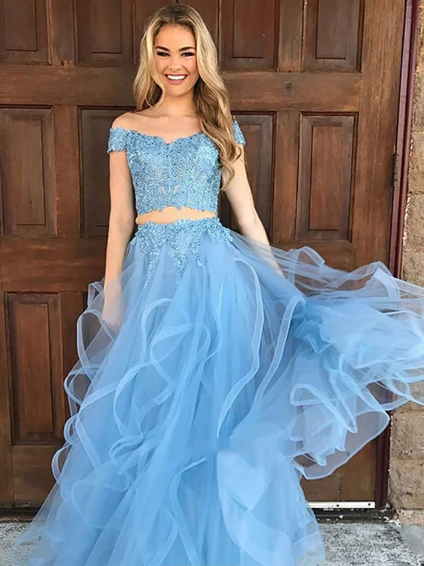 Exclusive Designer Collection Off Shoulder Two Pieces Lace Blue Prom Dress, Off Shoulder Prom Gown, Blue Evening Dress