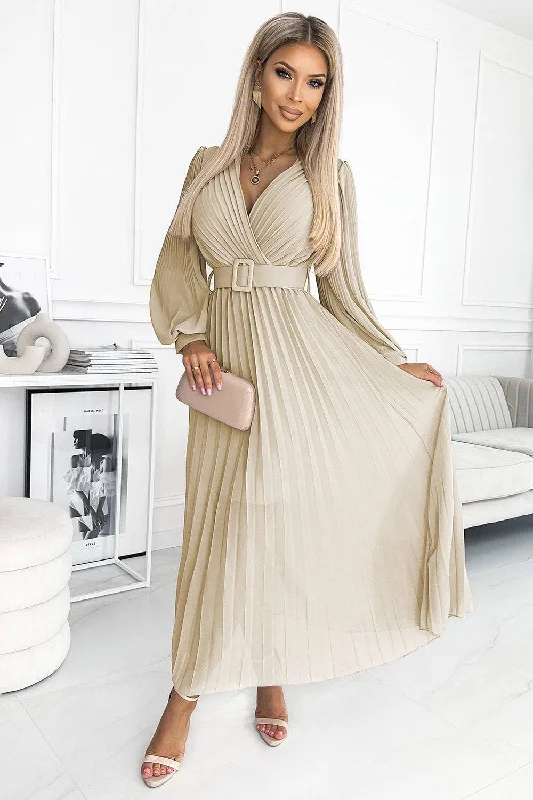 Women's Fashion Essentials Numoco Basic 414-8 KLARA pleated dress with a belt and a neckline - beige Women's Fashion Essentials Numoco Basic 414-8 KLARA pleated dress with a belt and a neckline - beige