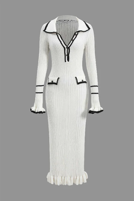 Limited Stock Contrast Bell Sleeve Knit Midi Dress