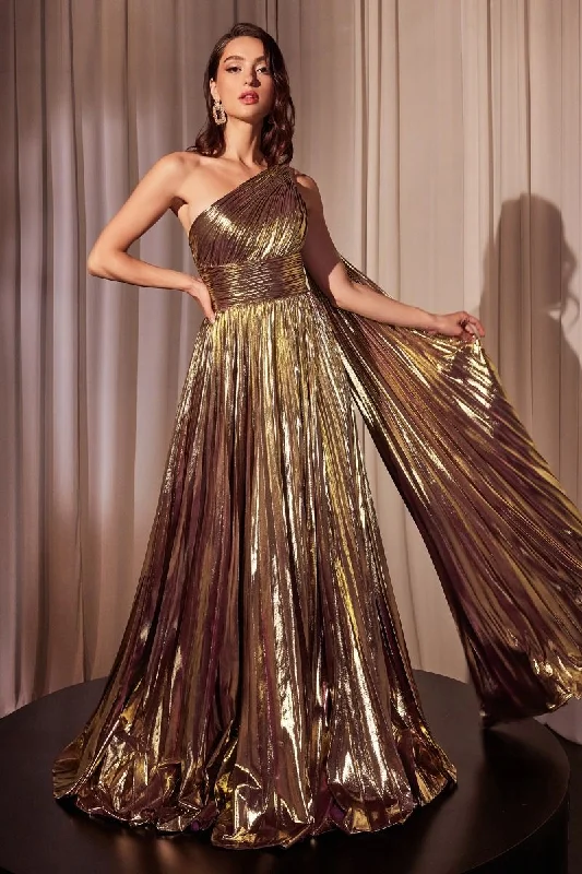 Sophisticated Style One Shoulder Metallic Pleated A-Line Gown by Cinderella Divine J874 - Special Occasion