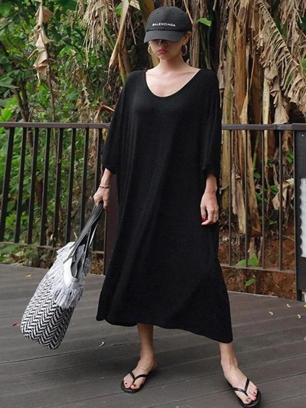 Casual Chic Modern black cotton tunic dress o neck baggy Maxi Dress