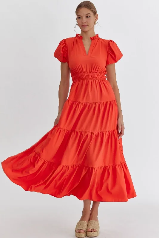 Huge Fashion Markdowns – Update Your Closet Now Bubble Sleeve V-Neck Tiered Dress, Red Huge Fashion Markdowns – Update Your Closet Now Bubble Sleeve V-Neck Tiered Dress, Red