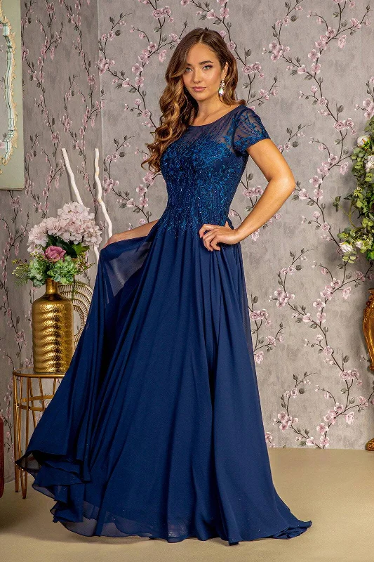 Affordable Women's Fashion Bead Embroidery Sheer Neckline Chiffon A-line Long Mother Of The Bride Dress GLGL3362