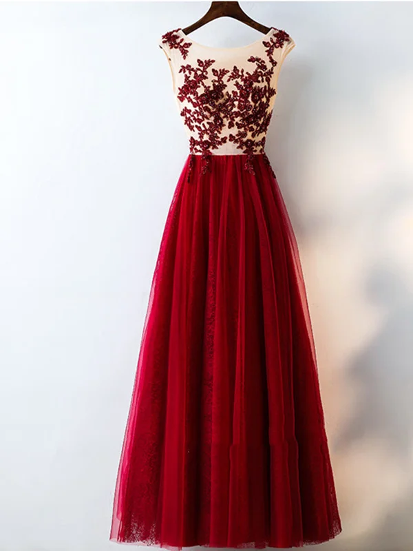 Trendy Street Style Attire A Line Round Neck Lace Burgundy Prom Dress, Burgundy Formal Dress, Prom Gown