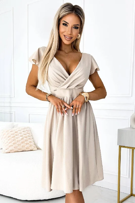 Women's Luxury Garments Numoco 425-7 MATILDE Dress with a neckline and short sleeves - beige color Women's Luxury Garments Numoco 425-7 MATILDE Dress with a neckline and short sleeves - beige color