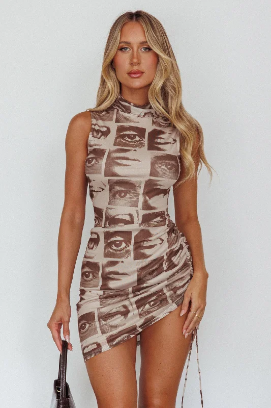 Special Offers Hot Goss Sleeveless Ruched Mini Dress Print Brown