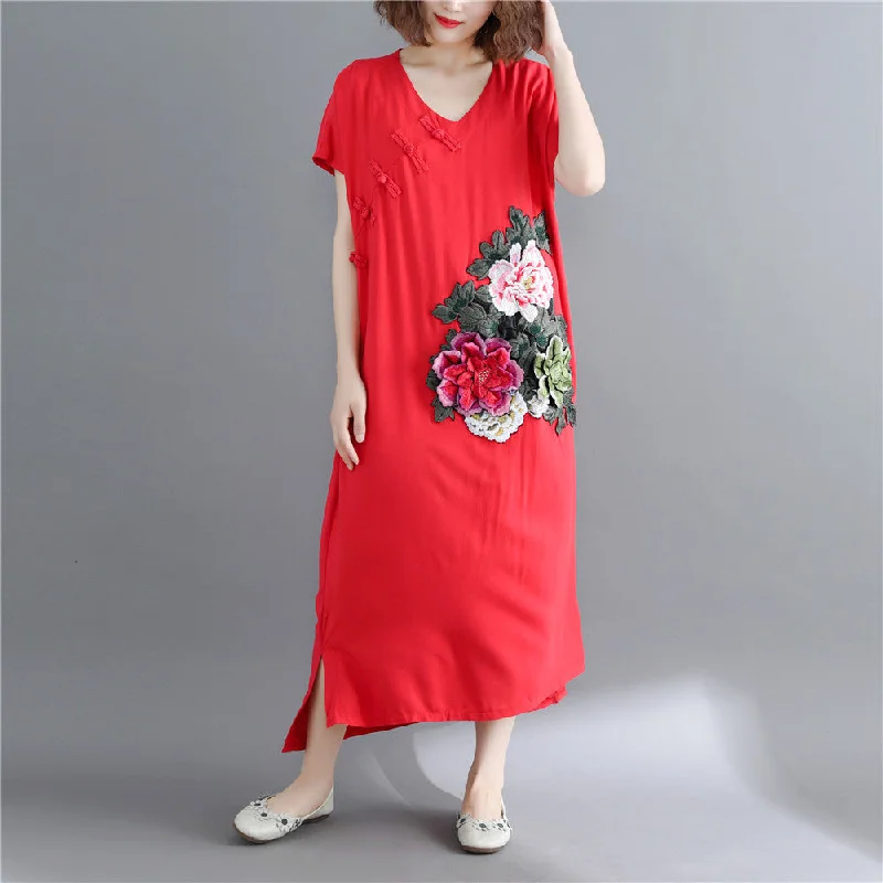 Elegant Fashion Fine red cotton linen maxi dress casual short sleeve Embroidery cotton dresses fine v neck traveling clothing