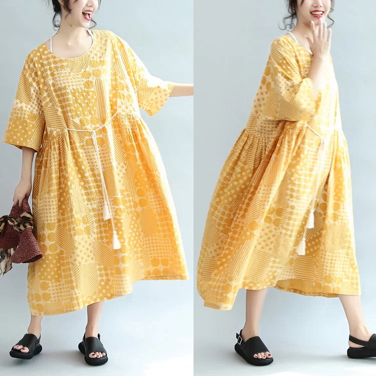 Everyday Glamour 2024 yellow casual cotton dresses print  plus size sundress bracelet sleeved maxi dress