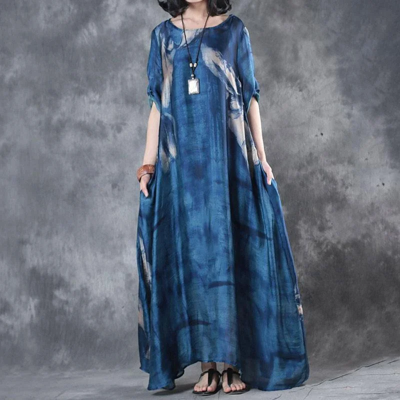 Contemporary Chic Fine maxi dresses fashion Retro Three Quarter Sleeve Printed Blue Long Dress