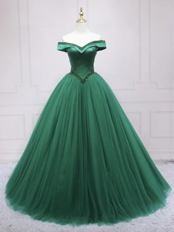 Shop Our Looks Gorgeous Off Shoulder Beaded Green Long Prom Dresses, Green Formal Evening Dresses, Ball Gown SP2517