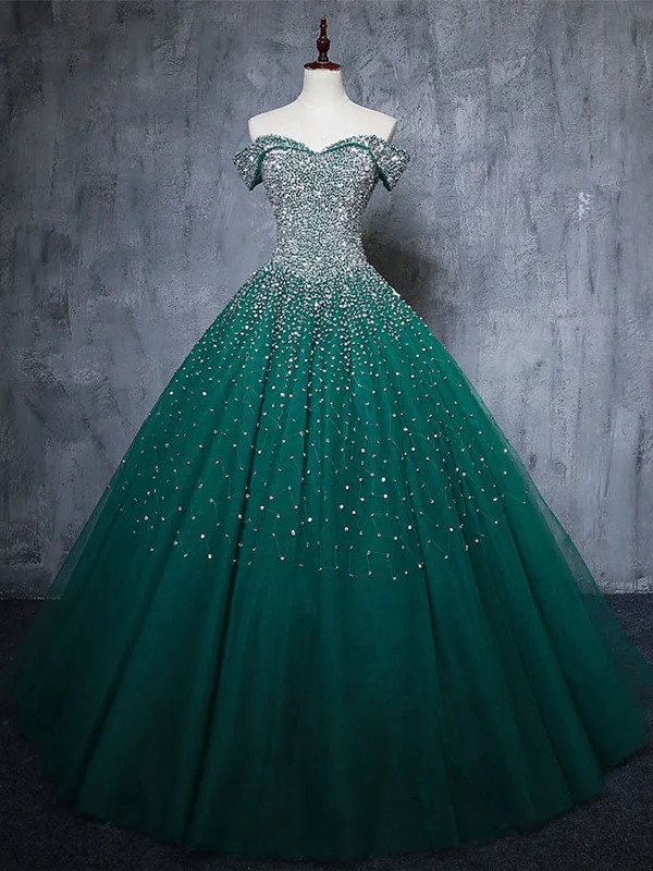 Limited Stock, Big Discounts Gorgeous Off Shoulder Beaded Green Tulle Long Prom Dresses, Beaded Green Formal Evening Dresses, Beaded Ball Gown SP2197