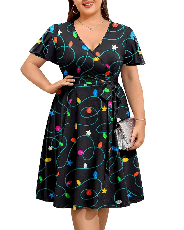 Daily Deals Pinup Fashion Women Plus Size Christmas Dress — Ugly Xmas Holiday Funny Lights Print 2024 Fall Wrap V-Neck Short Sleeve Midi Dresses