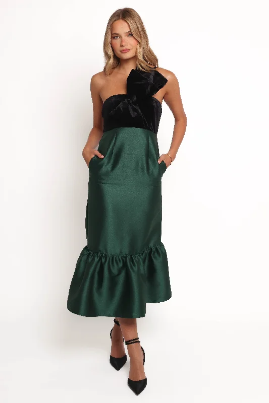 Designer Wear On Sale Amelie Bow Front One Shoulder Midi Dress - Black/Emerald