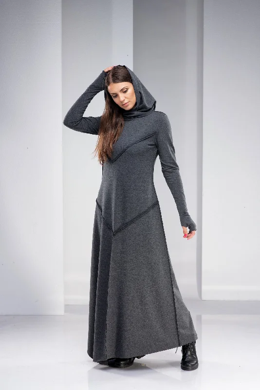 Low Price Special Gray Hooded Maxi Dress