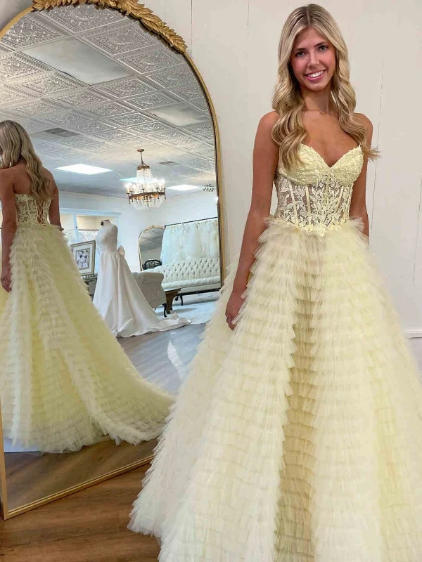 Fashion Sale Strapless Open Back Yellow Lace Long Prom Dresses, Yellow Lace Formal Evening Dresses, Yellow Ball Gown SP2843