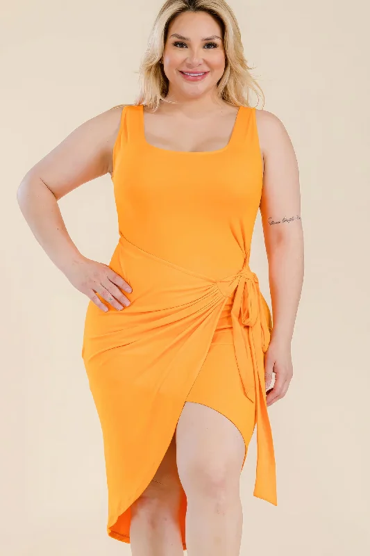 Summer Fashion Plus Size Solid Wrap Front Tie Side Midi Dress