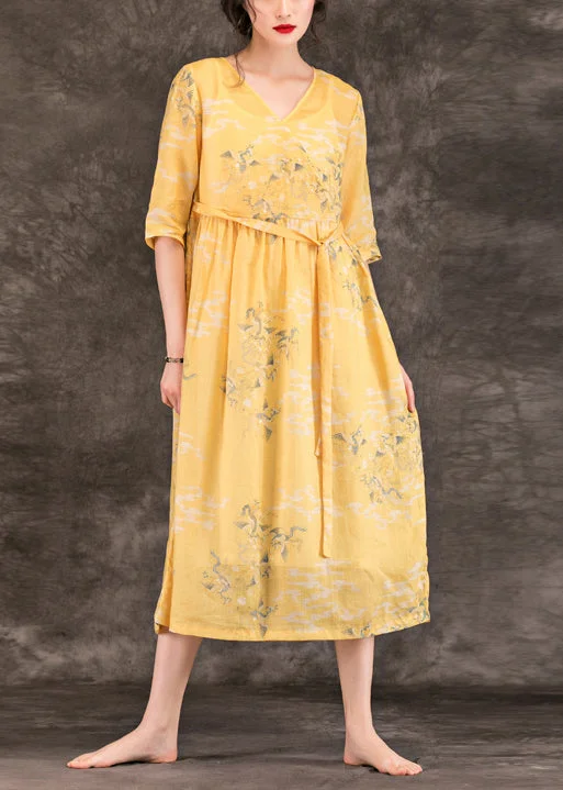 Artful Design Classy v neck pockets linen dresses 2024 Work Outfits yellow print Maxi Dress Summer