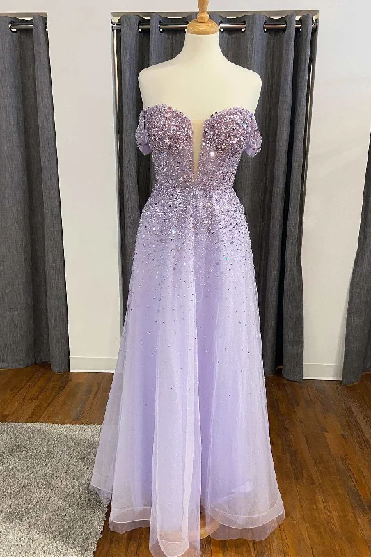 Weekend Special Shiny Lavender Sequin Off-the-Shoulder A-Line Prom Gown