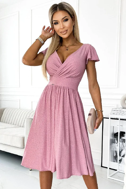 Women's Transitional Garments Numoco 425-2 MATILDE Dress with a neckline and short sleeves - powder pink with glitter Women's Transitional Garments Numoco 425-2 MATILDE Dress with a neckline and short sleeves - powder pink with glitter