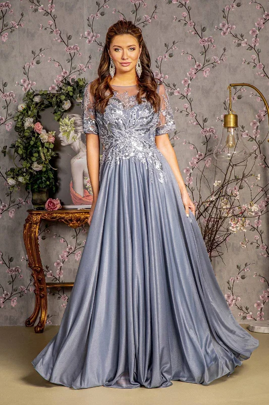 All Season Fashion Collection Metallic Embroidery Sheer Neckline Glitter Crepe A-line Long Mother Of The Bride Dress GLGL3444 All Season Fashion Collection Metallic Embroidery Sheer Neckline Glitter Crepe A-line Long Mother Of The Bride Dress GLGL3444