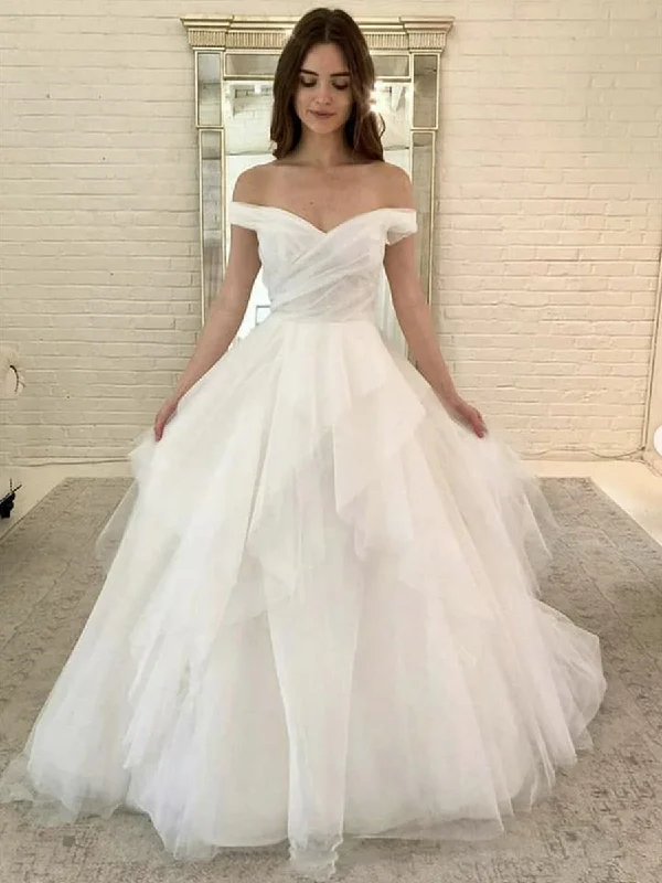 The Latest Trends Off Shoulder Fuffy White Long Prom Dresses, Off Shoulder White Formal Dresses, White Evening Dresses, Ball Gown