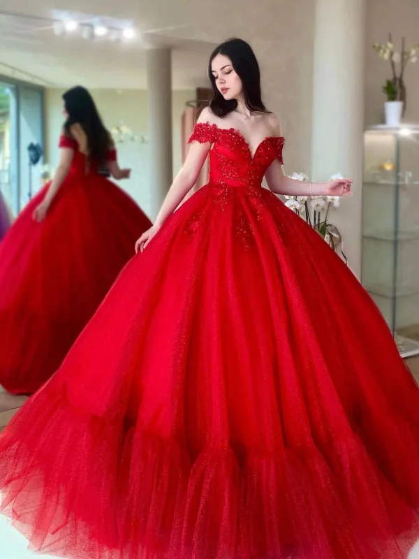 The Good Stuff Gorgeous Off Shoulder Beaded Red Tulle Long Prom Dresses, Red Formal Evening Dresses, Beaded Ball Gown SP2561