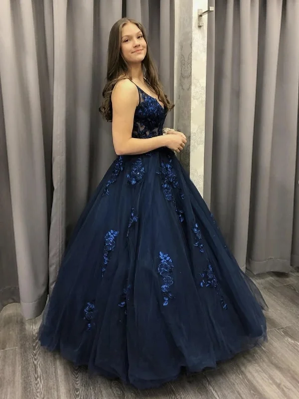 Absurdly Cheap Sale V Neck Dark Blue Lace Long Prom Dresses, Dark Blue Lace Formal Dresses, Dark Blue Evening Dresses, Ball Gown