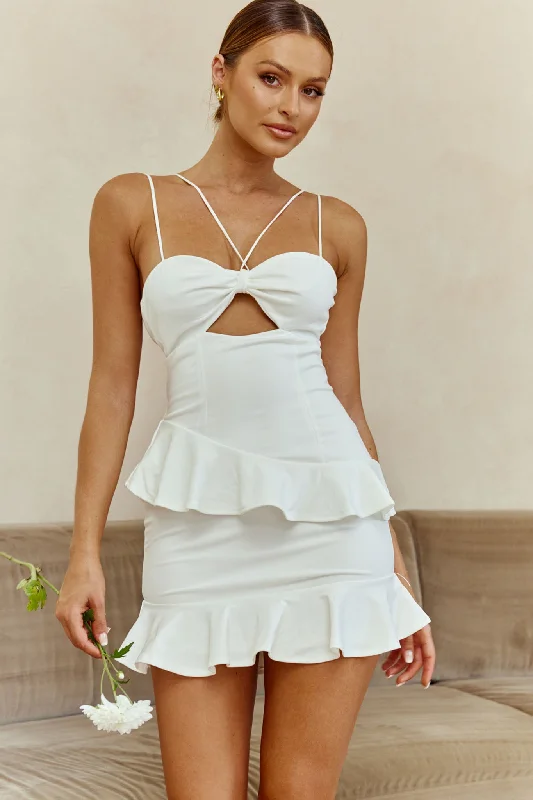 Urban Sophistication Moment Of Truth String-Tie Ruffle Trim Mini Dress White