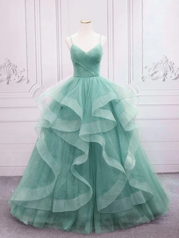 Best Deals Of The Season V Neck Open Back Green Tulle Long Prom Dresses, Shiny Green Formal Evening Dresses, Green Ball Gown SP2562