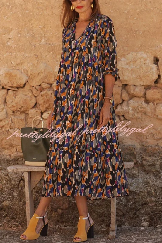 Sophisticated Style Multicolor Color Block Print V-neck Loose Resort Midi Dress