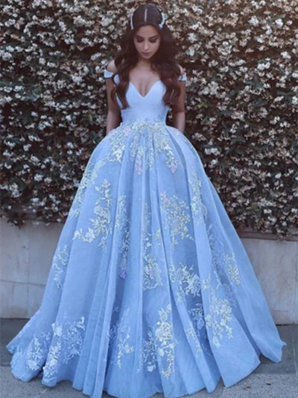 Discount Extravaganza Custom Made Off Shoulder Light Blue Prom Dress With Lace Applique, Prom Gown, Light Blue Formal Dress