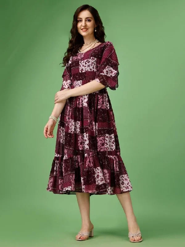 Limited Time Flash Sale Plus Size Women's Georgette Printed Flared Midi Dress