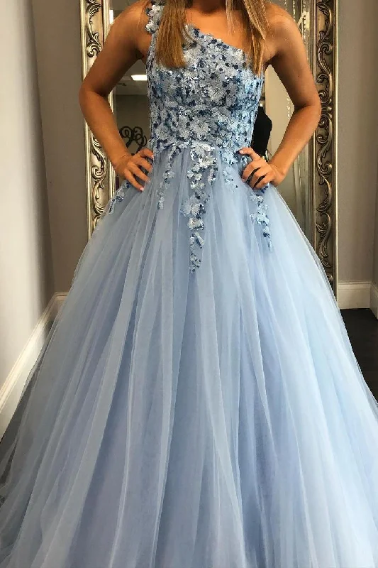 Effortless Style One Shoulder Blue A-line Long Prom Gown