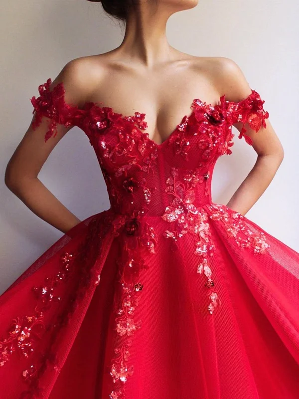 Spring Fashion A Line Off Shoulder Tulle Red Long Prom Dresses with Appliques Sequins, Red Lace Formal Dresses, Ball Gown