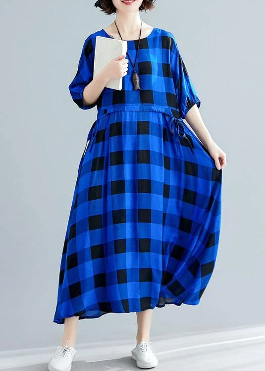 High End Fashion Italian tie waist cotton clothes Women Outfits blue plaid Maxi Dresses summer