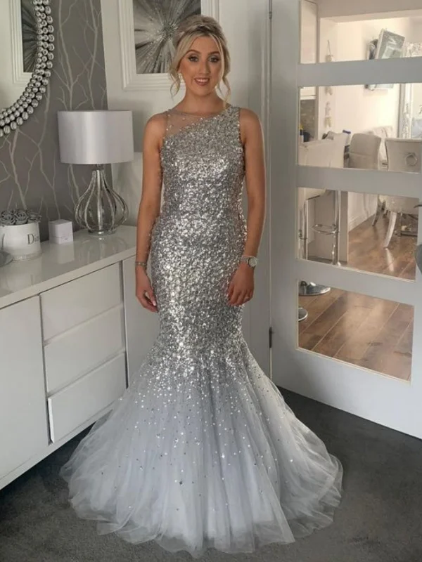 High End Designer Brands Discount Mermaid Silver Gray Sequins Long Prom Dresses, Silver Gray Formal Evening Dresses, Mermaid Ball Gown SP2616