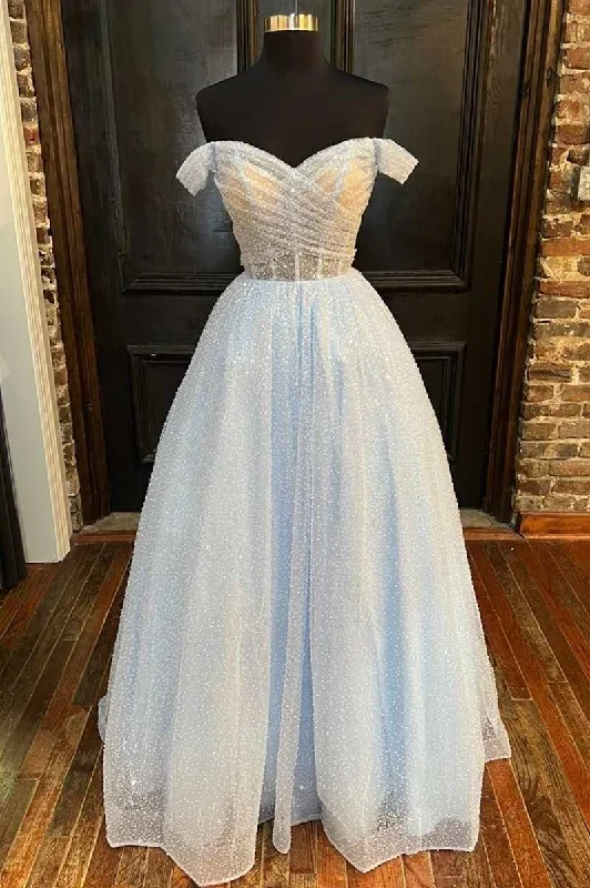 Nordic Minimalist Home Look Sparkle Light Blue Off-the-Shoulder A-Line Prom Gown