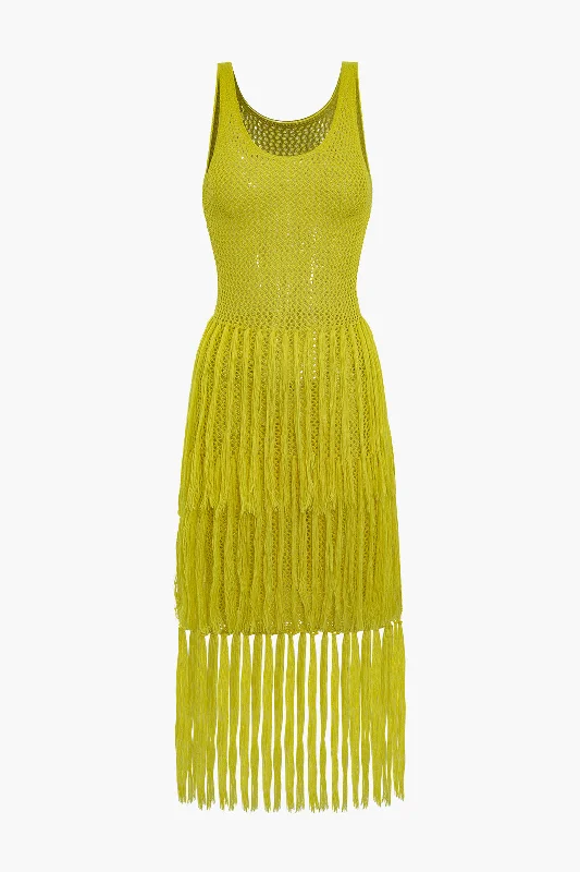 Coastal Beach - Inspired Style Solid Knit Fringe Cut Out Midi Dress