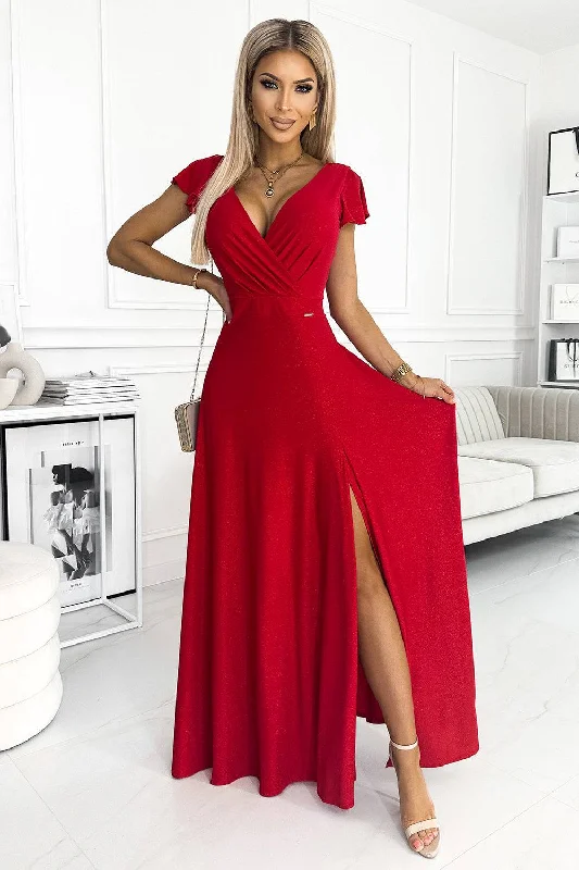 Trendy Women's Apparel Numoco 411-2 CRYSTAL long shimmering dress with a neckline - red