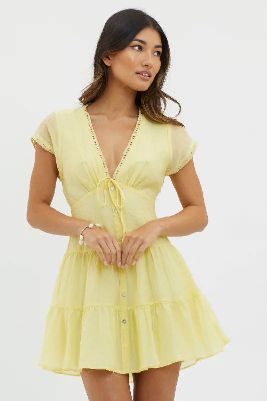 Elegant Contour Azura Scalloped Lace Mini Dress Lemon