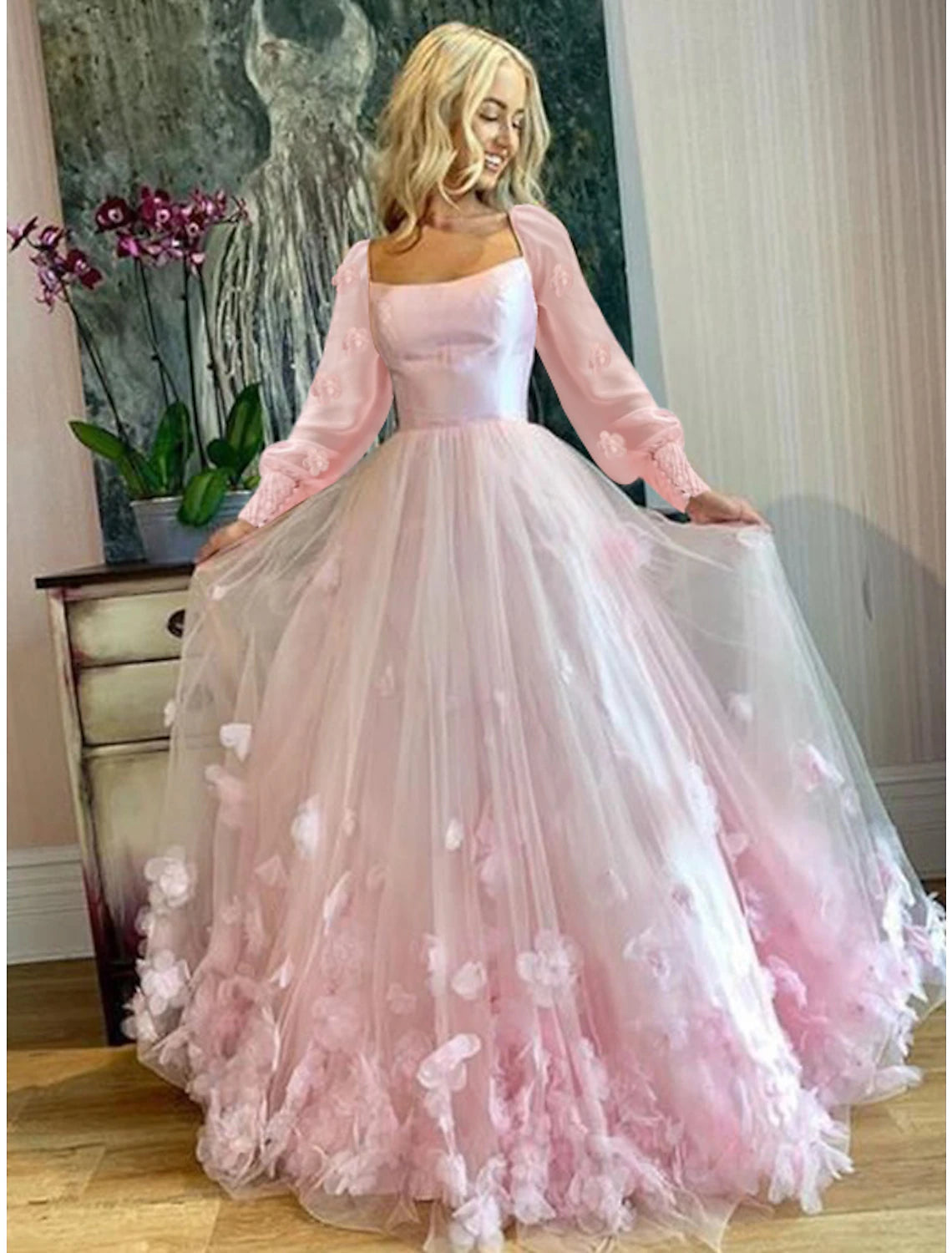 Coastal Beach - Inspired Style A-Line Prom Dresses Maxi Dress Sweet 16 Birthday Floor Length Long Sleeve Scoop Neck Tulle with Appliques Butterfly