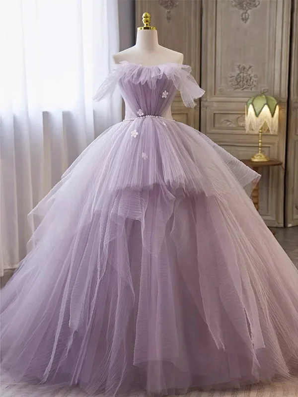 Ends Soon Strapless Lilac Tulle Long Prom Dresses with Pearls Belt, Lilac Formal Evening Dresses, Lilac Ball Gown with Appliques SP2810