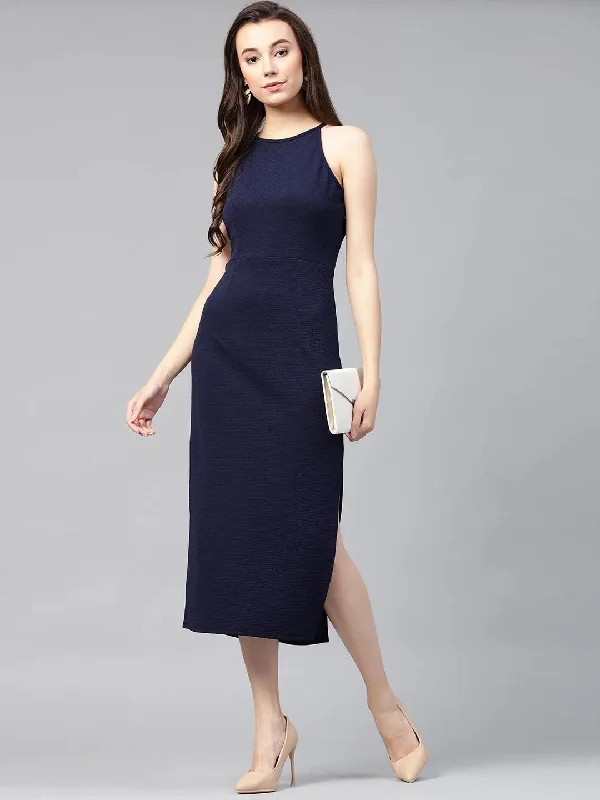 Seasonal Style Discounts PANNKH Solid Navy Blue Incut Fitted Midi Dress