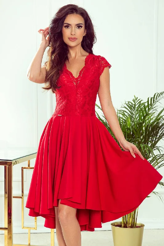 Women's Urban Clothing Numoco 300-2 PATRICIA - dress with longer back with lace neckline - Red