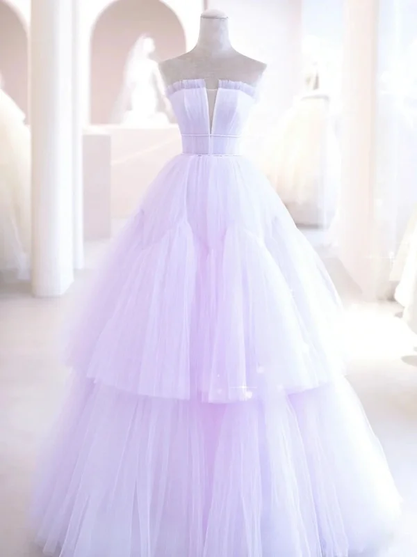 Browse Our Top Products Elegant V Neck Purple Tulle Long Prom Dresses, Strapless Lilac Tulle Formal Evening Dresses, Lavender Ball Gown SP2386