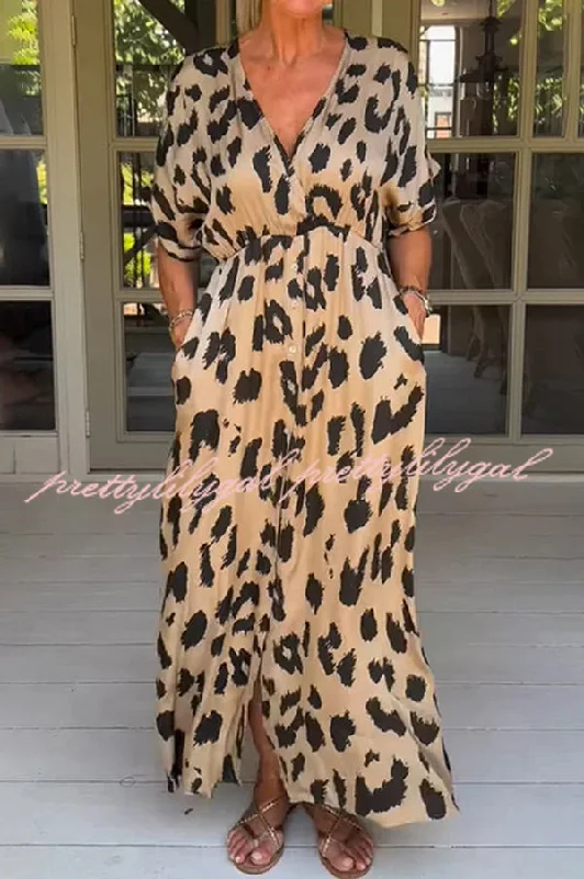 Timeless Elegance Leopard Print Casual Loose V-neck Short-sleeved Pocket Midi Dress