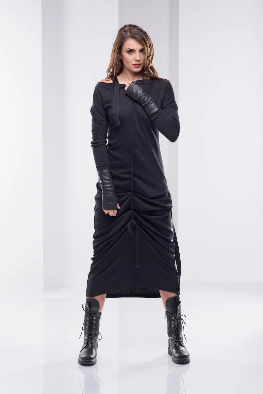 Budget Friendly Drawstring Maxi Dress in Black